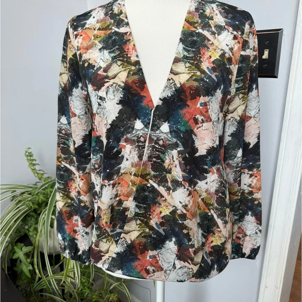 Marie Oliver Silk Faux Wrap Long Sleeved Blouse in Fall Autumn Colors size Small